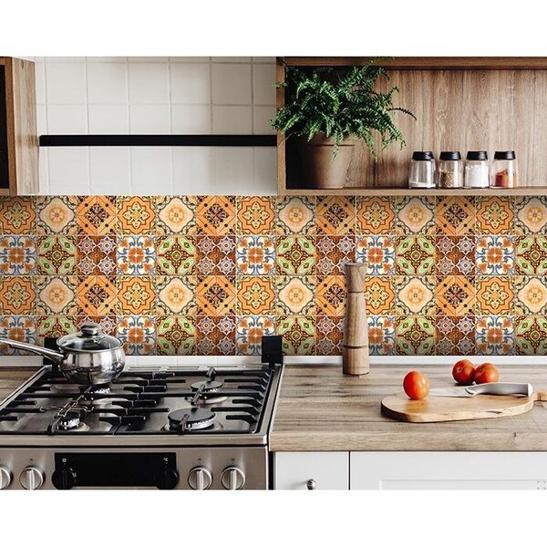 Homeroots 4 x 4 in. Golden Multi Orange Mosaic Peel & Stick Tiles - 400305