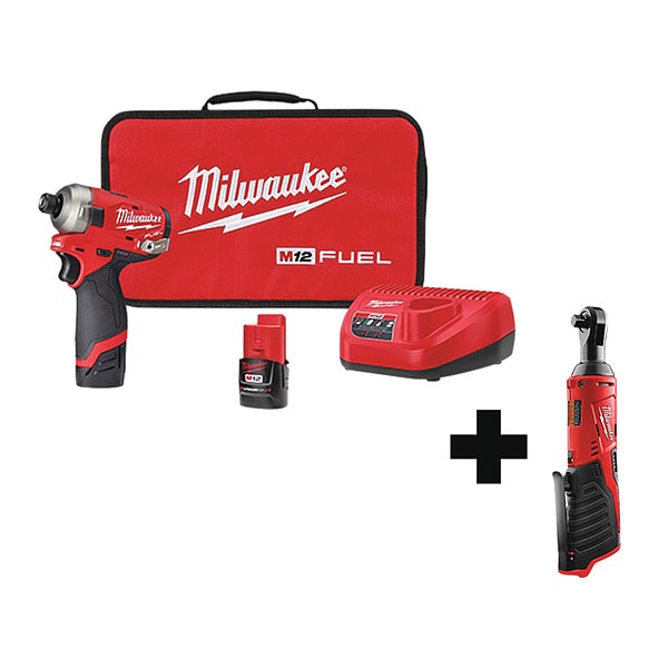 Milwaukee Tool Cordless Impact Driver Kit, 1/4" Drive, Includes Batteries - 2551-22, 2457-20
