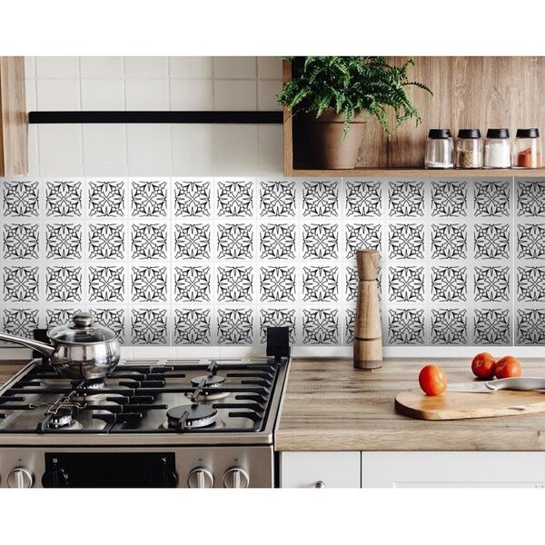 Homeroots 8 x 8 in. White & Black Cross Peel & Stick Removable Tiles - 399934