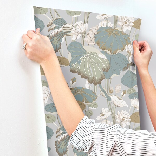 York Wallcoverings Lotus Pond Grey and Blue Wallpaper - GO8294