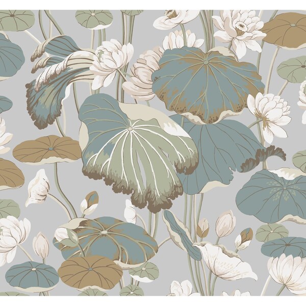 York Wallcoverings Lotus Pond Grey and Blue Wallpaper - GO8294