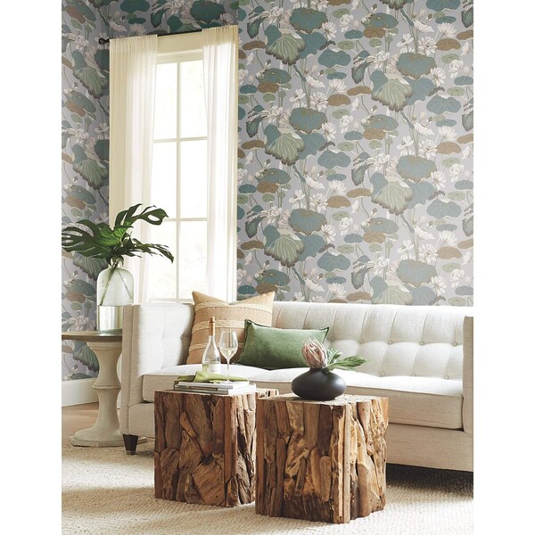 York Wallcoverings Lotus Pond Grey and Blue Wallpaper - GO8294