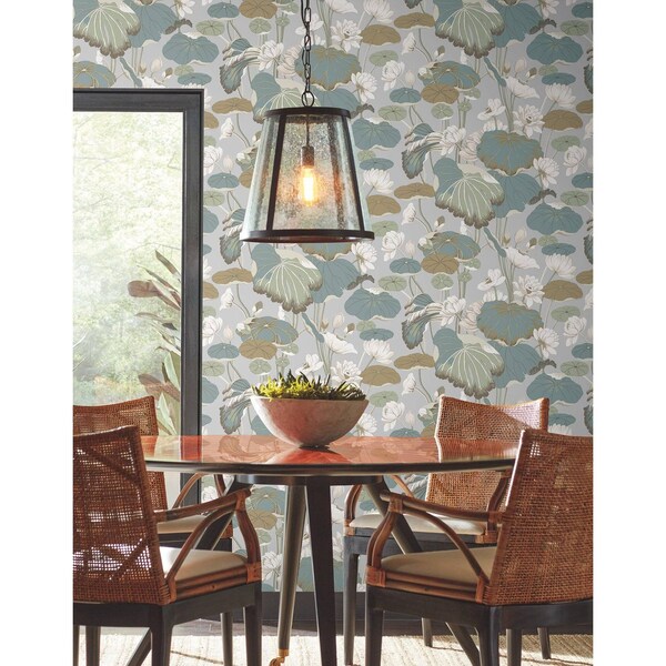 York Wallcoverings Lotus Pond Grey and Blue Wallpaper - GO8294