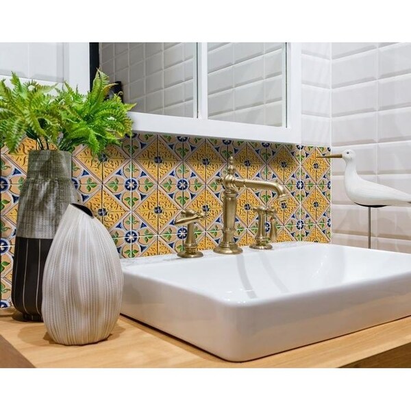 Homeroots 8 x 8 in. Yellow & Blue Provence Peel & Stick Removable Tiles - 400081