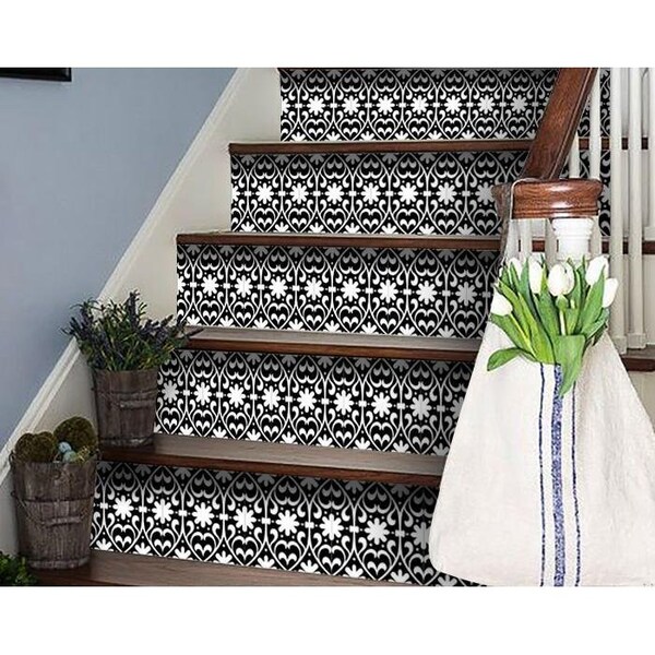 Homeroots 8 x 8 in. Black & White Floral Peel & Stick Removable Tiles - 399879