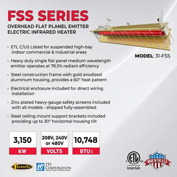 Fostoria Infrared Overhead Electric Heater, 1 Phase, Aluminum, 208V AC - F31-FSS-1
