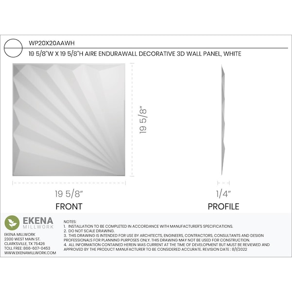 Ekena Millwork Aire EnduraWall Decorative 3D Wall Panel, White, 19 5/8"W x 19 5/8"H - WP20X20AAWH