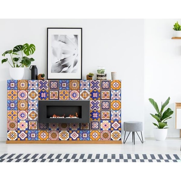 Homeroots 6 x 6 in. Blue Gold & Blush Mosaic Peel & Stick Removable Tiles - 400456