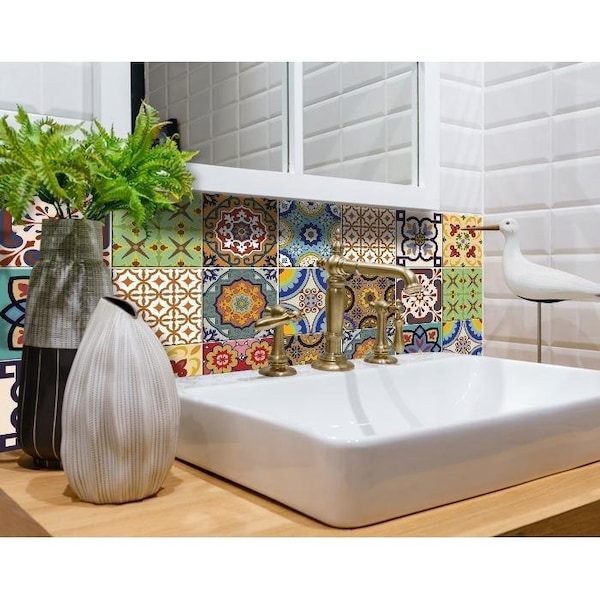 Homeroots 7 x 7 in. Auguri Geo Yellow Peel & Stick Removable Tiles - 400028