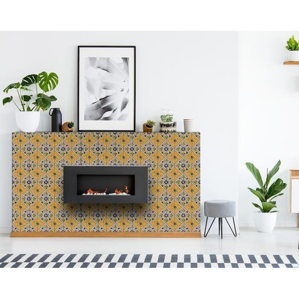 Homeroots 5 x 5 in. Yellow & Blue Provence Peel & Stick Tiles Removable Tiles - 400077