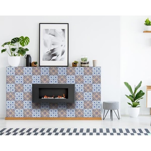 Homeroots 5 x 5 in. Blue & Muted Taupe Peel & Stick Tiles - 400151