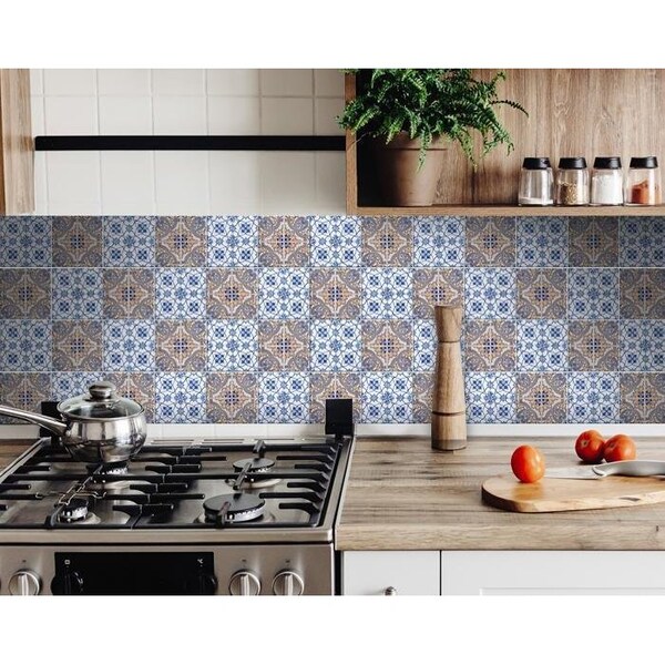 Homeroots 5 x 5 in. Blue & Muted Taupe Peel & Stick Tiles - 400151