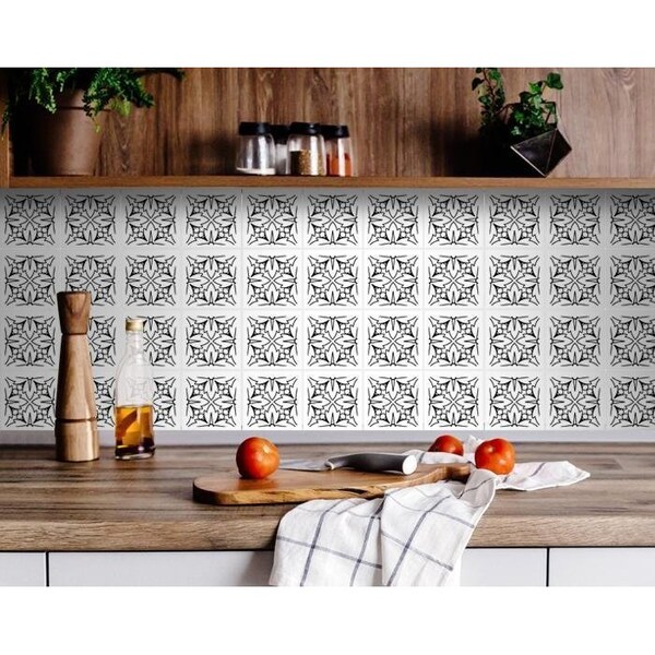 Homeroots 6 x 6 in. White & Black Cross Peel & Stick Removable Tiles - 399932