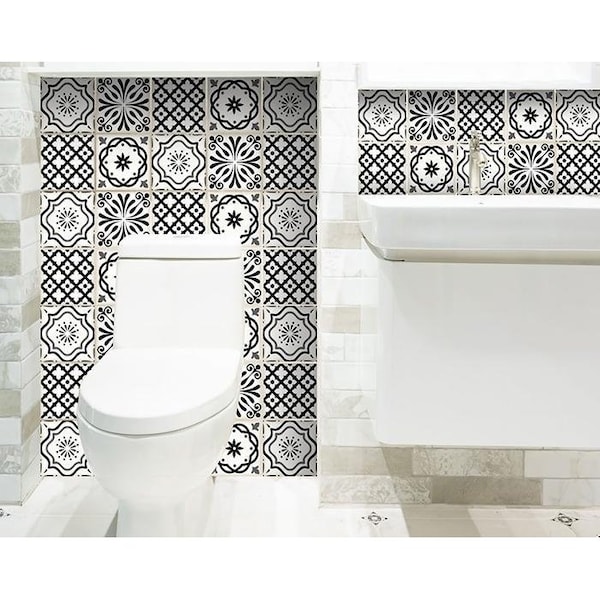 Homeroots 5 x 5 in. Black & White Multi Peel & Stick Removable Tiles - 399861