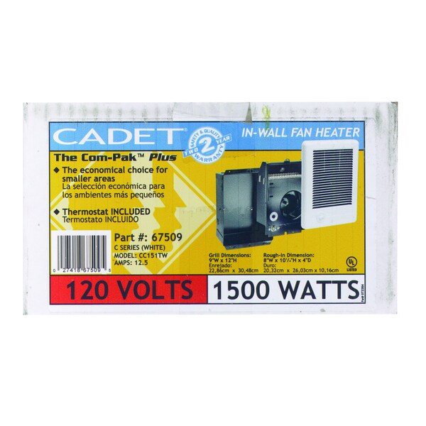 Compak Plus Cadet Com-Pak 250 sq ft 5120 BTU Electric Wall Heater - 67509