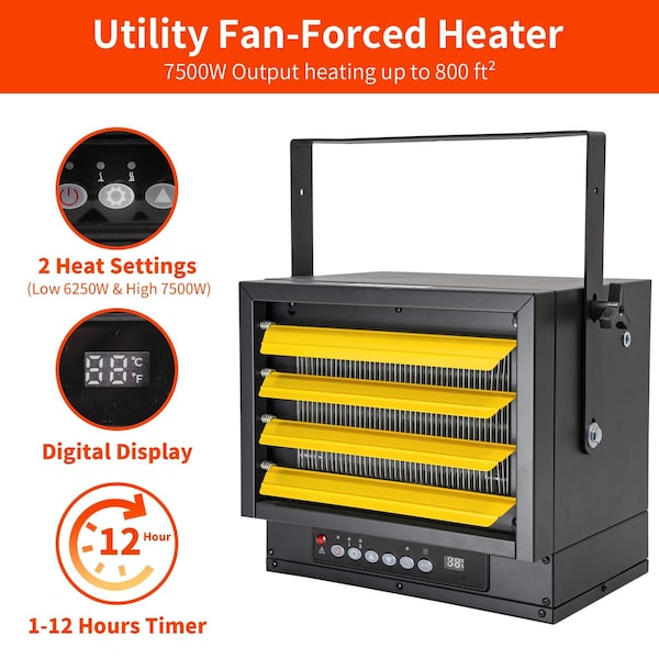Edendirect 7500W Black Electric Garage Heater Micathermic Space Heater, Remote Control and 12 H Timer - HGD-75