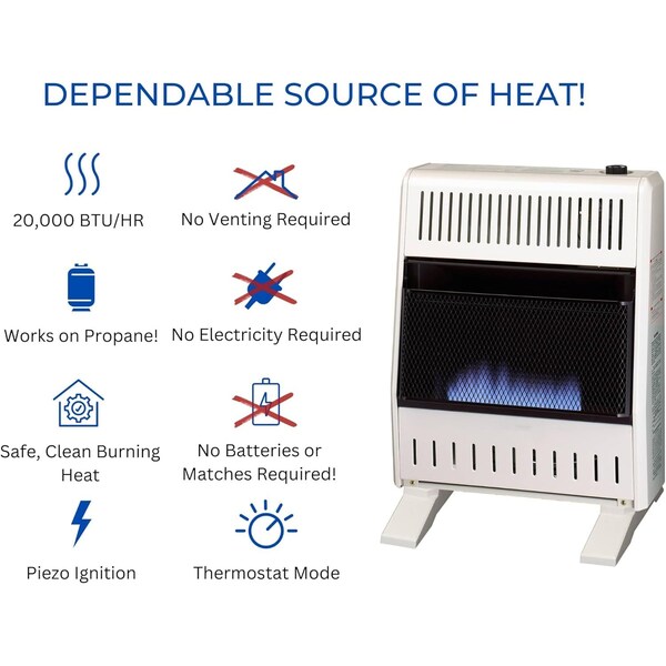Procom Heating Liquid Propane Ventless Blue Flame Heater with Base Feet, 20,000 BTU, T-Stat Control - ML200TBA-B