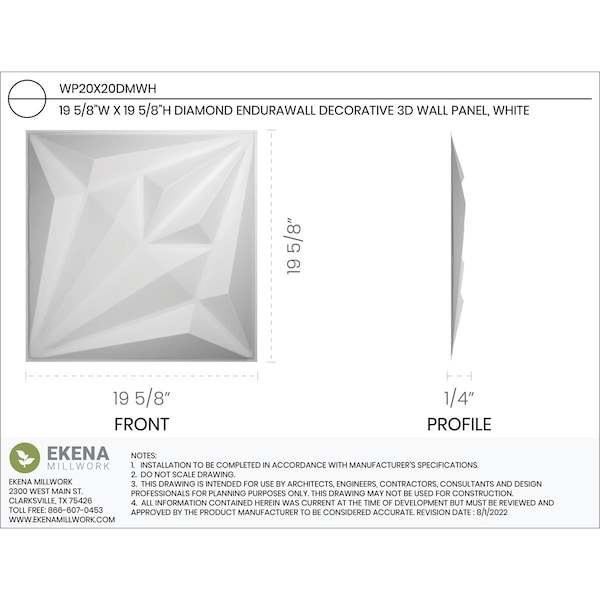 Ekena Millwork 19 5/8in. W x 19 5/8in. H Diamond EnduraWall Decorative 3D Wall Panel, White, 10PK - WP20X20DMWH-CASE-10