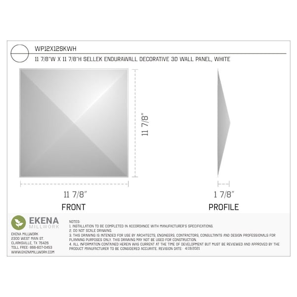 Ekena Millwork 11 7/8in. W x 11 7/8in. H Sellek EnduraWall Decor 3D Wall Panel Covers, Total 9.79 Sq. Ft., 10PK - WP12X12SKWH-CASE-10