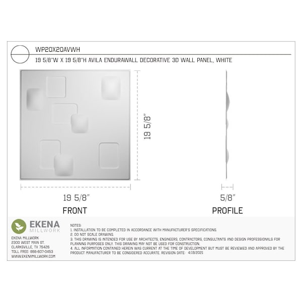 Ekena Millwork 19 5/8in. W x 19 5/8in. H Avila EnduraWall Decorative 3D Wall Panel Covers Total 53.49 Sq. Ft., 20PK - WP20X20AVWH-CASE-20