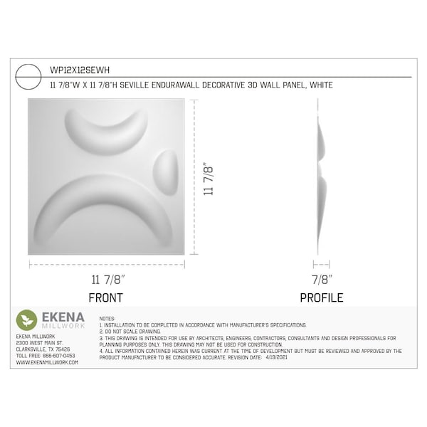 Ekena Millwork 11 7/8in. W x 11 7/8in. H Seville EnduraWall Decor 3D Wall Panel Covers, Total 11.75 Sq. Ft., 12PK - WP12X12SEWH-CASE-12