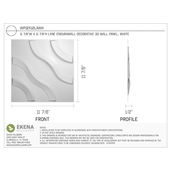 Ekena Millwork 11 7/8in. W x 11 7/8in. H Lane EnduraWall Decorative 3D Wall Panel Covers, Total 11.75 Sq. Ft., 12PK - WP12X12LAWH-CASE-12