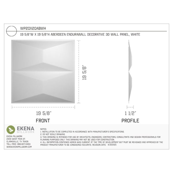 Ekena Millwork 19 5/8in. W x 19 5/8in. H Aberdeen EnduraWall Decor 3D Wall Panel Covers, Total 32.1 Sq. Ft., 12PK - WP20X20ABWH-CASE-12