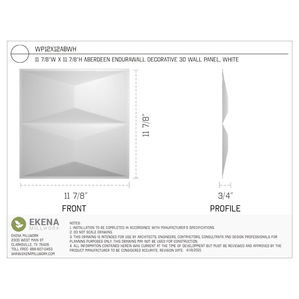 Ekena Millwork 11 7/8in. W x 11 7/8in. H Aberdeen EnduraWall Decor 3D Wall Panel Covers, Total 9.79 Sq. Ft., 10PK - WP12X12ABWH-CASE-10