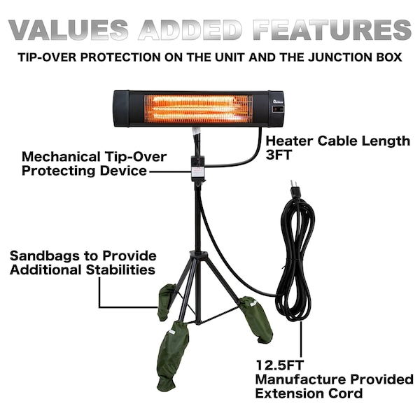Dr Infrared Heater Black 1500-Watt Indoor/Outdoor Carbon Infrared Patio Heater with Tripod and Remote Control - DR-338