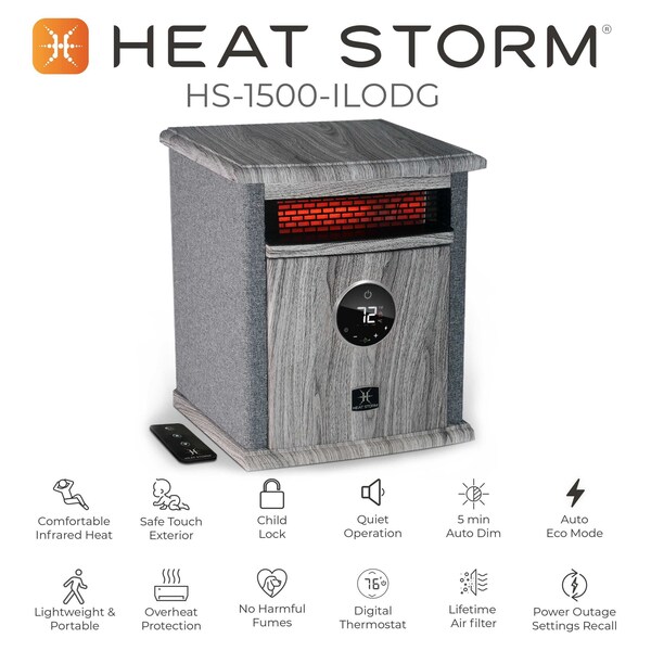 Heat Storm Infrared Space Heater, Floor Style, Cabinet Design, 1500 Watts, Digital Thermostat, 120 Volt, Gray - HS-1500-ILODG