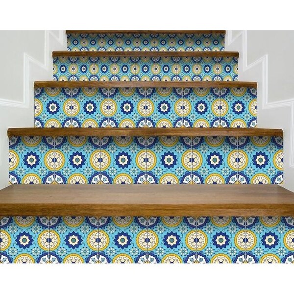 Homeroots 4 x 4 in. Aqua Yellow Floral Peel & Stick Removable Tiles - 400035