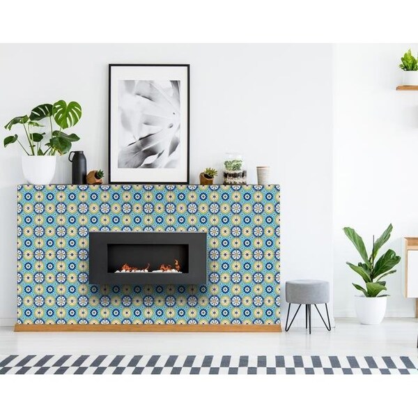 Homeroots 4 x 4 in. Aqua Yellow Floral Peel & Stick Removable Tiles - 400035
