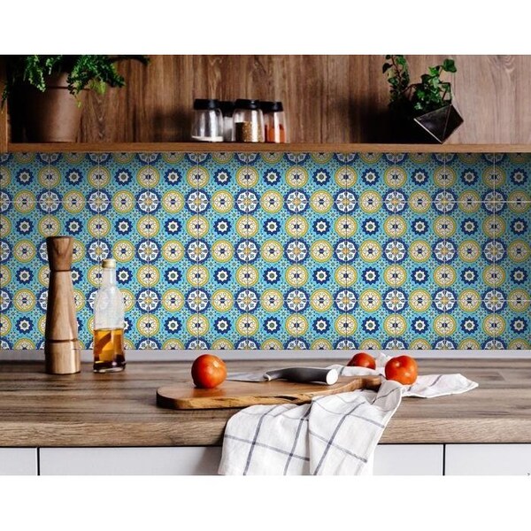 Homeroots 4 x 4 in. Aqua Yellow Floral Peel & Stick Removable Tiles - 400035