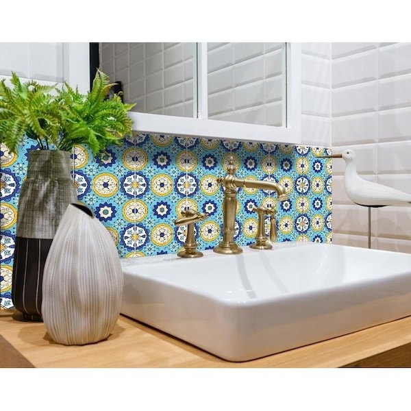 Homeroots 4 x 4 in. Aqua Yellow Floral Peel & Stick Removable Tiles - 400035