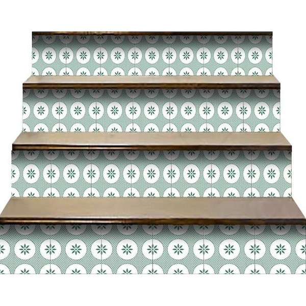 Homeroots 8 x 8 in. Light Sage & White Circle Flower Peel & Stick Removable Tiles - 400429
