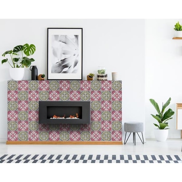 Homeroots 5 x 5 in. Vintage Cran & Green Peel & Stick Removable Tiles - 400166