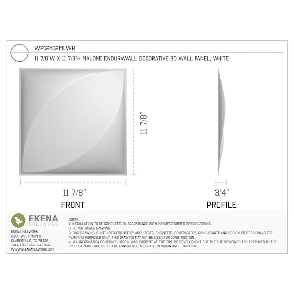 Ekena Millwork 11 7/8in. W x 11 7/8in. H Malone EnduraWall Decor 3D Wall Panel Covers Total 19.59 Sq. Ft., 20PK - WP12X12MLWH-CASE-20