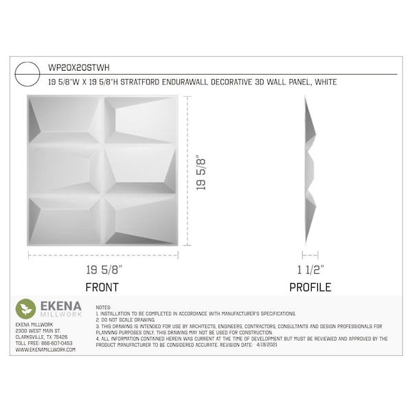 Ekena Millwork 19 5/8in. W x 19 5/8in. H Stratford EnduraWall 3D Wall Panel Covers, Total 26.75 Sq. Ft., 10PK - WP20X20STWH-CASE-10