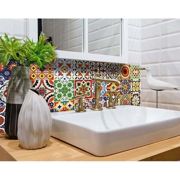 Homeroots 5 x 5 in. Blue Red Yellow Mosaic Peel & Stick Tiles - 400066