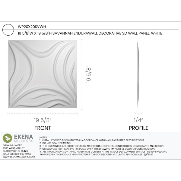 Ekena Millwork Savannah EnduraWall Decorative 3D Wall Panel, White, 19 5/8"W x 19 5/8"H - WP20X20SVWH