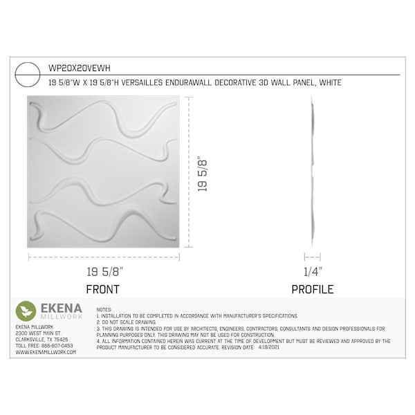 Ekena Millwork 19 5/8in. W x 19 5/8in. H Versailles EnduraWall 3D Wall Panel Covers Total 53.49 Sq. Ft., 20PK - WP20X20VEWH-CASE-20