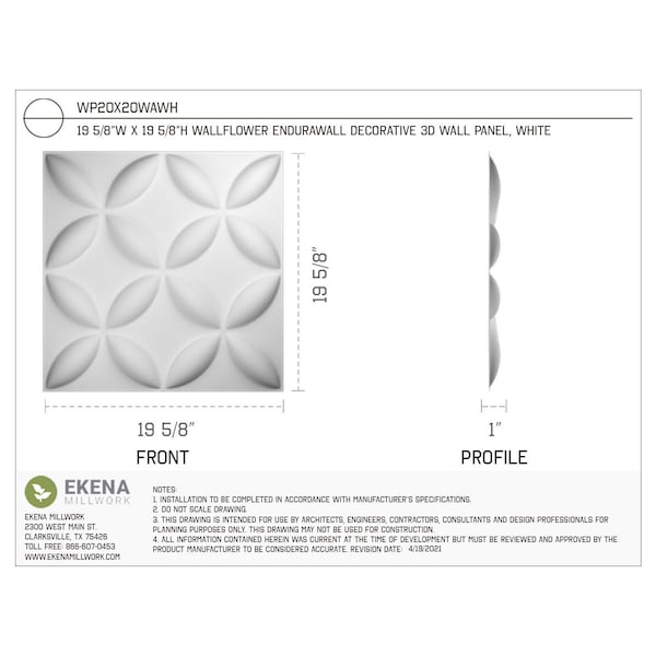 Ekena Millwork 19 5/8in. W x 19 5/8in. H Wallflower EnduraWall 3D Wall Panel Covers Total 53.49 Sq. Ft., 20PK - WP20X20WAWH-CASE-20