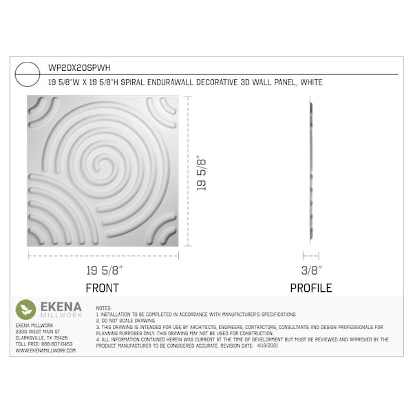 Ekena Millwork 19 5/8in. W x 19 5/8in. H Spiral EnduraWall Decor 3D Wall Panel Covers, Total 26.75 Sq. Ft., 10PK - WP20X20SPWH-CASE-10