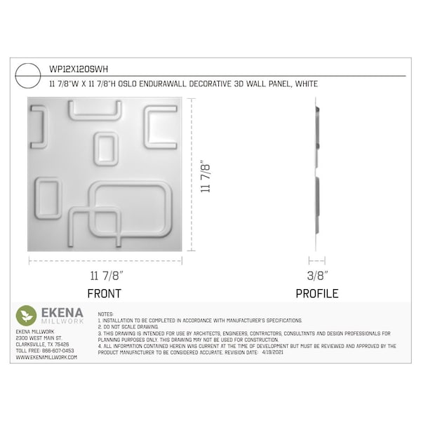 Ekena Millwork 11 7/8in. W x 11 7/8in. H Oslo EnduraWall Decorative 3D Wall Panel Covers, Total 9.79 Sq. Ft., 10PK - WP12X12OSWH-CASE-10