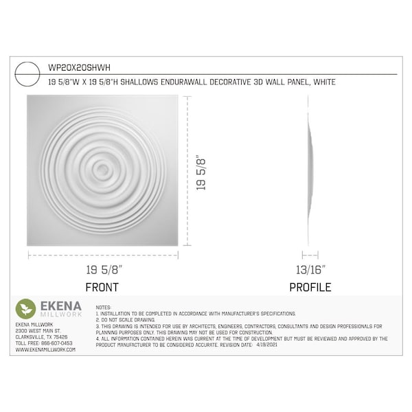 Ekena Millwork 19 5/8in. W x 19 5/8in. H Shallows EnduraWall Decor 3D Wall Panel Covers Total 53.49 Sq. Ft., 20PK - WP20X20SHWH-CASE-20