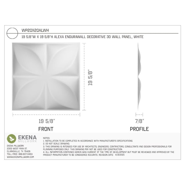 Ekena Millwork 19 5/8in. W x 19 5/8in. H Alexa EnduraWall Decor 3D Wall Panel Covers, Total 26.75 Sq. Ft., 10PK - WP20X20ALWH-CASE-10