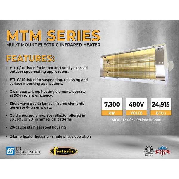 Fostoria Infrared Quartz Electric Heater, 1 Phase, Stainless Steel, 480V AC - P-90-462-THSS
