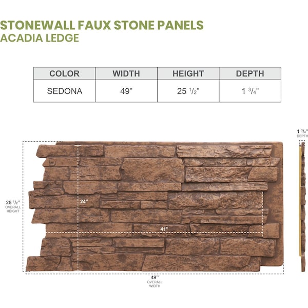 Ekena Millwork 49"W x 25 1/2"H x 1 1/4"D Acadia Ledge Stacked Stone, StoneWall Faux Stone Siding Panel, Sedona - PNU24X48ALSE