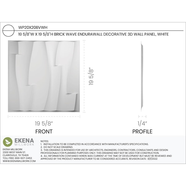 Ekena Millwork 19 5/8in. W x 19 5/8in. H Brick Wave EnduraWall Decorative 3D Wall Panel, White, 10PK - WP20X20BVWH-CASE-10
