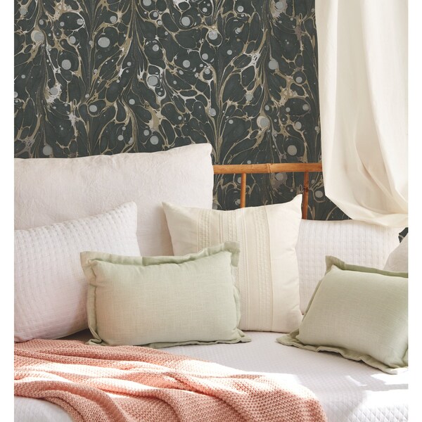 York Wallcoverings Marbled Endpaper Black and Gold Wallpaper - NV5591